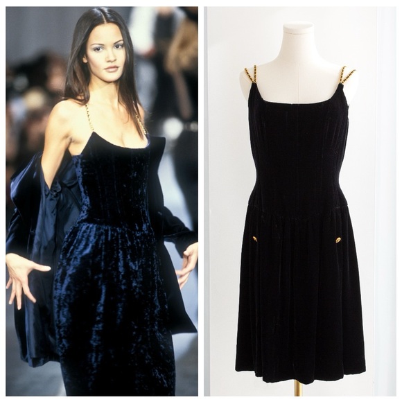 CHANEL Dresses & Skirts - Chanel Vintage F/W 1993 Black Velvet Gold Chain Strap Corset 93A Dress
